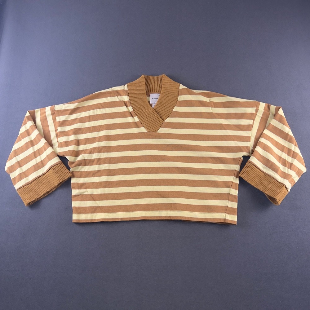 Maeve Cotton Boxy Oversized V-Neck Top Striped Brown Cream OB2130748 Small